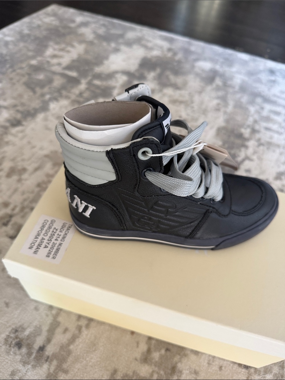 Emporio Armani Kids Black and Gray High-Top Sneaker, size 13 US